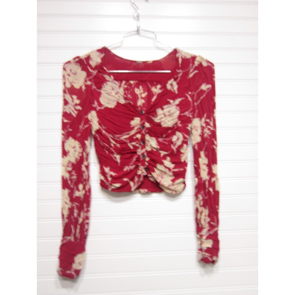 Free People Red and cream ivory smocked blouse billowy sleeves princess sleeve